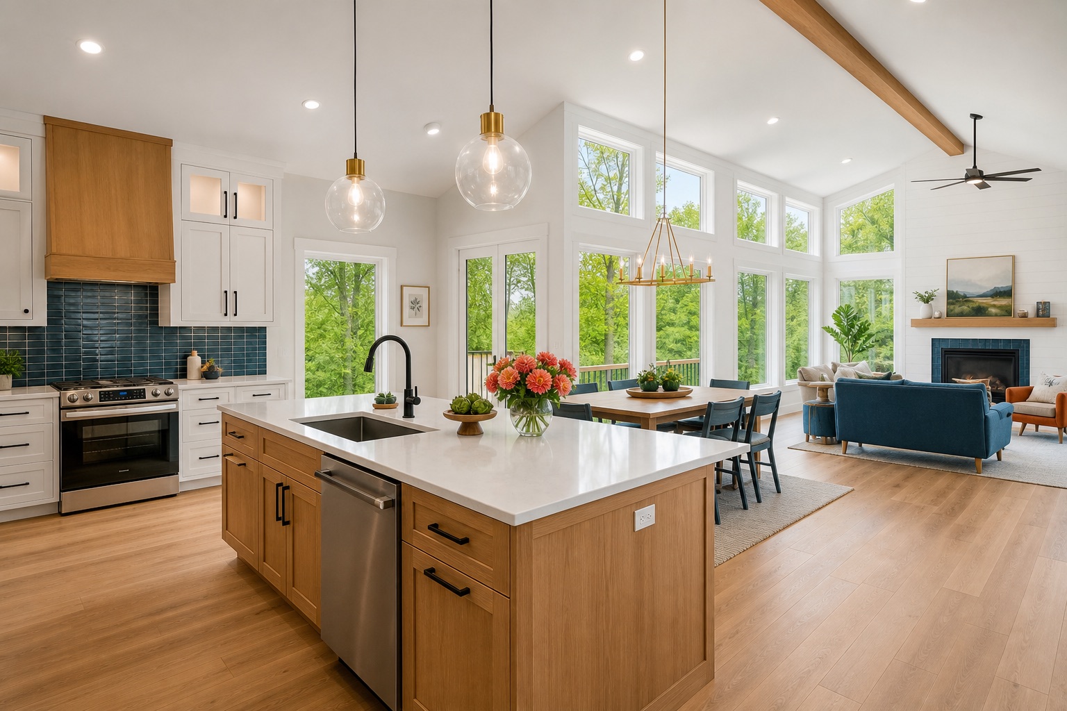 A bright custom modular home interior with colorful finishes