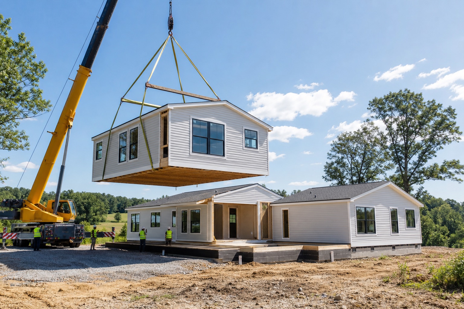 A modular home section being set on a Virginia foundation by crane